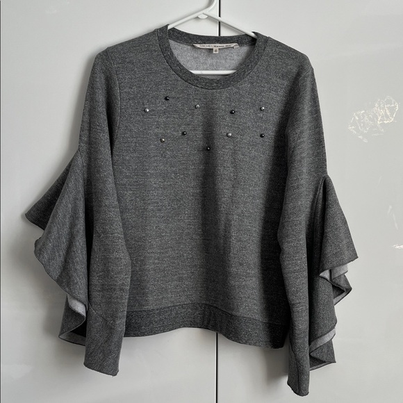 RACHEL ROY Gray Sweatshirt with Ruffle Sleeves and Pearl Accent, Size M - Picture 1 of 10